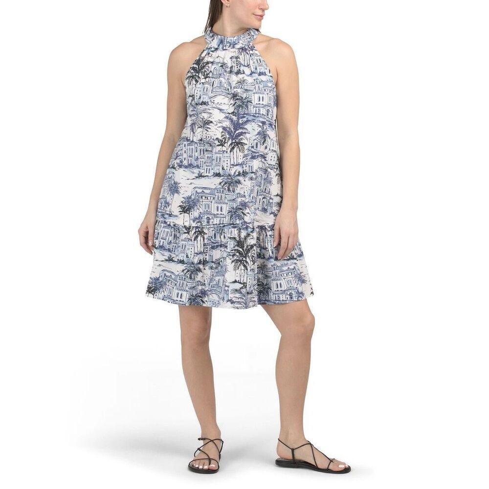 NWT Calypso St. Barth Tropical Blue & White Woven Halter Mini Dress Size XL